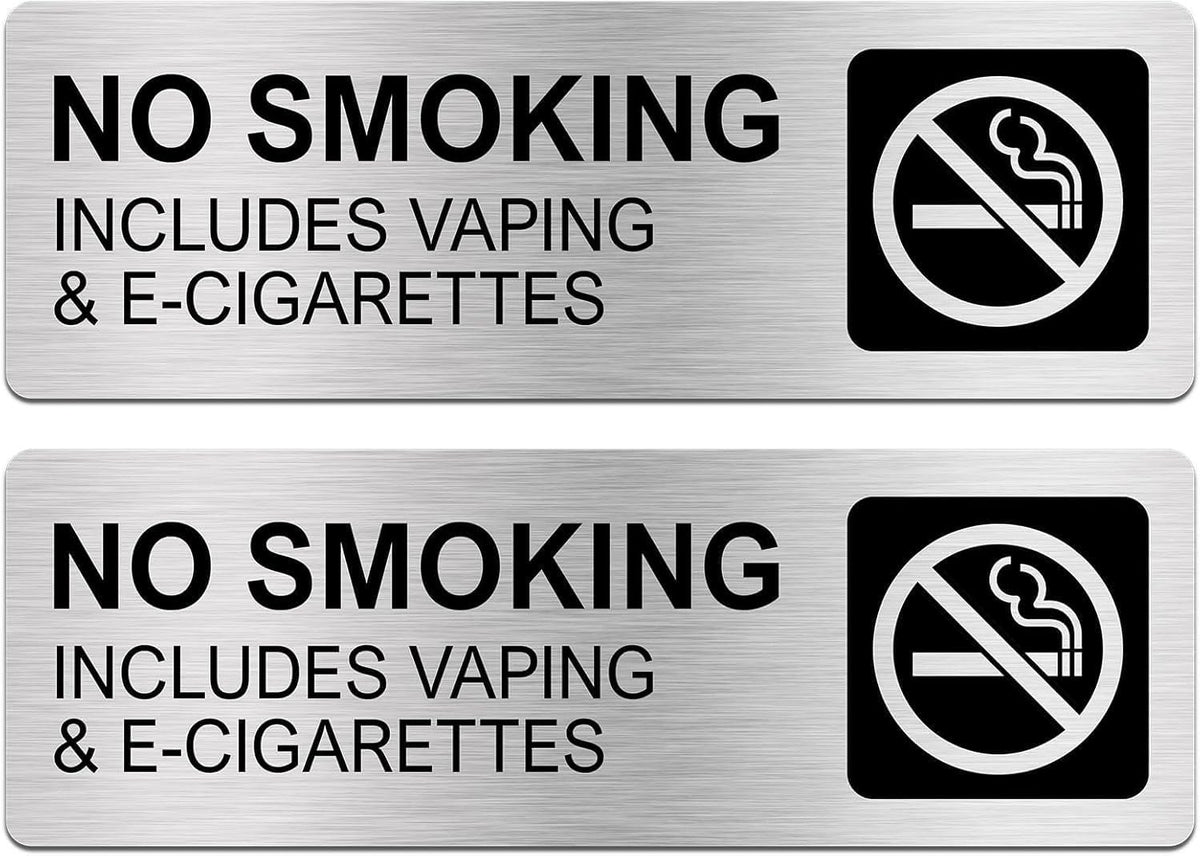 No Smoking Signs for Business No Vaping Signs 9 x 3 Inches Brushed Aluminum Waterproof Self-adhesive for Offices Restaurants Hotels Rest Stops Public Restrooms - Silver (2 Pack)