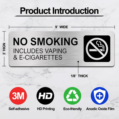 No Smoking Signs for Business No Vaping Signs 9 x 3 Inches Brushed Aluminum Waterproof Self-adhesive for Offices Restaurants Hotels Rest Stops Public Restrooms - Silver (2 Pack)